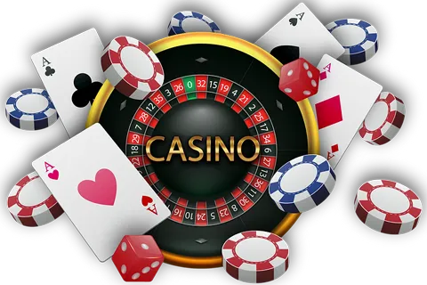 Graphic of a roulette table surrounded by gambling elements